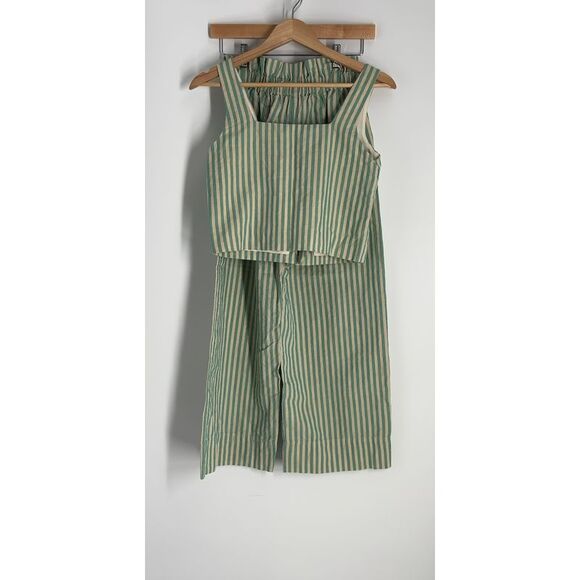 Sezane Pants - Sezane Green and Cream Striped Cropped Jumpsuit